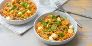 vegetarische paella met halloumi, haloumi, paella, vegetarische paella, halloumi