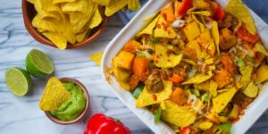 naco’s uit de oven, pulled chicken, zoete aardappel